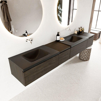 Mondiaz BUKLA badkamermeubelset 240x45x34cm 0 kraangaten 2 wasbakken solid surface Urban greeploos 4 lades met softclose Melamine Dark brown