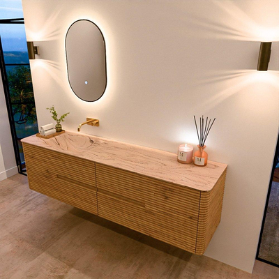 Mondiaz CIRO-DLUX Ensemble de meubles de salle de bains - 180x45x50cm - Plan vasque en solid surface Arena - 1 bassin à gauche - sans trous de robinet - 4 tiroirs - Chêne