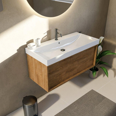 Saniclass Holz Frame Ensemble meuble de salle de bains - 100x45x47.5cm - Wave lavabo en céramique - 1 vasque - 1 trou de robinetterie - 1 tiroir - chêne natural mat (bois)
