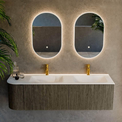 Mondiaz KURVE Badkamermeubelset - 155x46x40cm - 2 lade - 1 deur - wastafel solid surface - dubbel / rechts - 2 kraangaten - Shadow