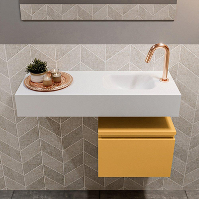 MONDIAZ ANDOR Meuble WC - 80x30x30cm - 1 trou de robinet - 1 tiroir - ocre mat - vasque à droite - Solid surface - Blanc