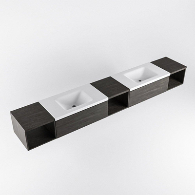 MONDIAZ BUKLA 280cm ensemble de meuble avec module ouvert 40 L+M+R couleur Marron Foncé avec 2 tiroirs. Lavabo CLOUD double 2 trous de robinet couleur Talc.