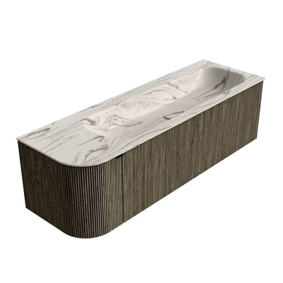 MONDIAZ KURVE-DLUX Meuble de salle de bains 145cm arrondi à gauche couleur Shadow avec 1 tiroir et 1 porte. Lavabo BIG LARGE à droite 2 trous de robinet Nata.