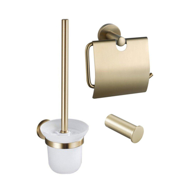 Fortifura Calvi Toiletset 3-delig - toiletrolhouder - met klep - toiletborstel - handdoekhaak enkel rond - PVD - geborsteld messing (goud)