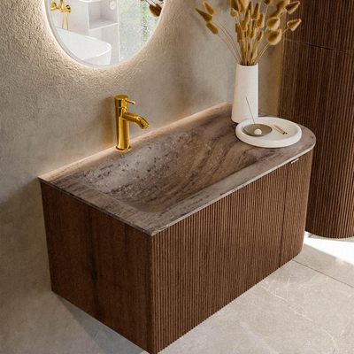 MONDIAZ KURVE-DLUX 85cm badmeubel ronding Rechts kleur Walnut met 1 lade en 1 deur. Wastafel CLOUD Links 1 kraangat Oza.