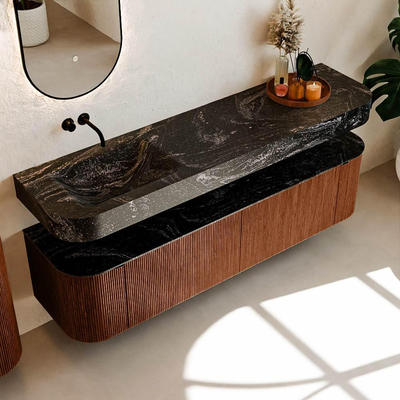 MONDIAZ THOR-DLUX 180cm meuble de salle de bains arrondi gauche + droite couleur Ruby avec 2 tiroirs et 2 portes. Vasque suspendue CLOUD Gauche sans trou de robinet couleur Lava.