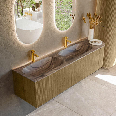 MONDIAZ KURVE-DLUX meuble de salle de bains 165cm arrondi à droite couleur Dusk avec 2 tiroirs et 1 porte. Lavabo STOR SMALL Double / Gauche 2 trous de robinet Sombra.