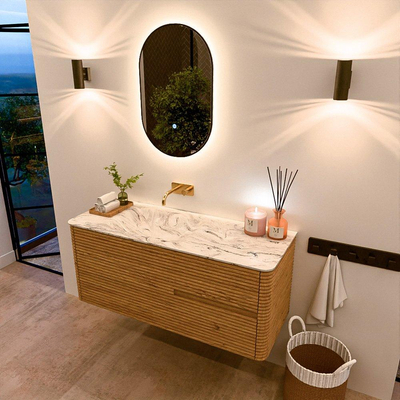 Mondiaz CIRO-DLUX Ensemble meuble de salle de bains - 120x45x50cm - lavabo solid surface Glace - 1 vasque à gauche - sans trous de robinet - 2 tiroirs - Chêne