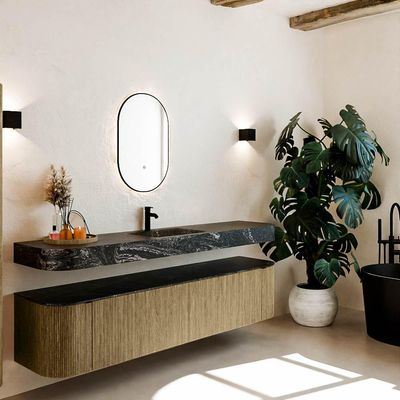 MONDIAZ THOR-DLUX 200cm badmeubel ronding links + rechts kleur Dusk met 2 lades en 2 deuren. Vrijhangende wastafel CLOUD Midden 1 kraangat kleur Lava.