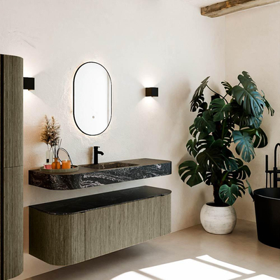 MONDIAZ THOR-DLUX Meuble de salle de bains - 140cm - arrondi gauche + droite - couleur Shadow - 1 tiroir et 2 portes - Vasque suspendue CLOUD Milieu 1 trou de robinet couleur Lava