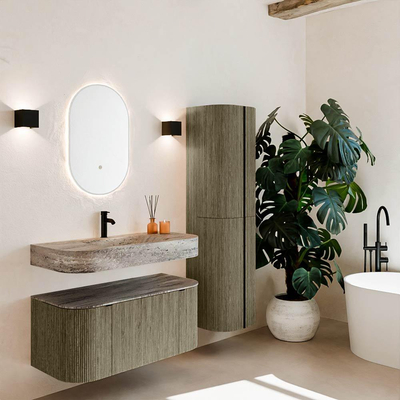 MONDIAZ THOR-DLUX Meuble de salle de bains - 100cm - arrondi gauche + droite - couleur Shadow - 1 tiroir - 2 portes - Vasque suspendue CLOUD Milieu 1 trou de robinet couleur Oza