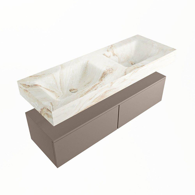 Mondiaz ALAN-DLUX Ensemble de meuble - 130cm - meuble Smoke mat - 2 tiroirs - Lavabo Cloud Frappe suspendu - vasque Gauche et droite - 2 trous de robinet