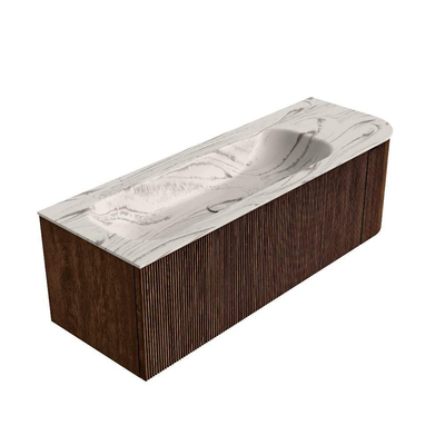 MONDIAZ KURVE-DLUX Meuble de salle de bains 135cm arrondi à droite couleur Walnut avec 1 tiroir et 1 porte. Lavabo BIG MEDIUM gauche sans trou de robinet Nata.