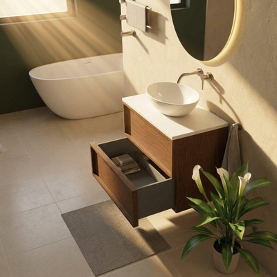 Saniclass Holz Frame Ensemble de meubles de salle de bains - 80x45x62.5cm - Plan de toilette Torino en solid surface blanc - sans trou de robinetterie - 2 tiroirs - walnut pure mat (bois)