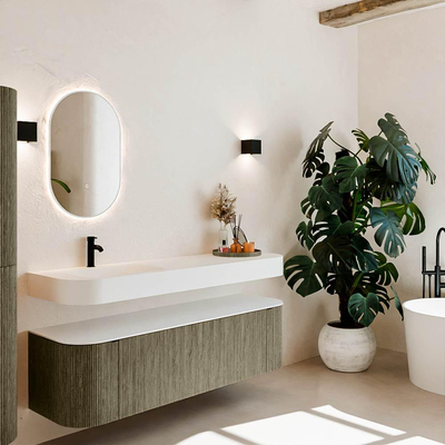 MONDIAZ THOR 160cm meuble de salle de bains arrondi gauche + droite couleur Shadow avec 1 tiroir et 2 portes. Vasque suspendue CLOUD gauche 1 trou de robinet couleur Talc.