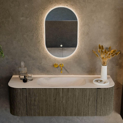 MONDIAZ KURVE-DLUX Meuble de salle de bains 140cm arrondi Gauche + Droite couleur Shadow avec 1 tiroir et 2 portes. Lavabo BIG SMALL Central sans trou de robinet Meli.