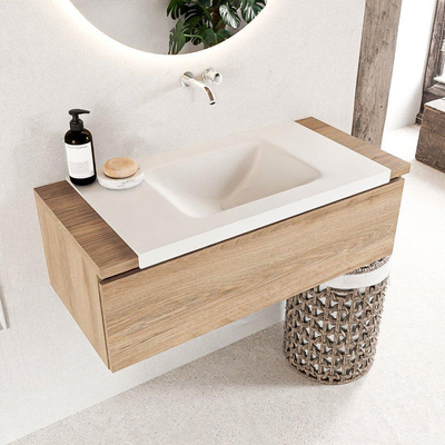 Mondiaz BUKLA Ensemble de meuble - 100x45x34cm - 0 trous de robinet - lavabo centré - solid surface - Talc - sans poignée - 1 tiroir - Mélamine - Chêne blanchi