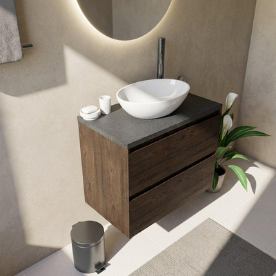 Saniclass Holz Pure Ensemble de meuble de salle de bains - 80x45x63cm - Plan vasque en basalte Noche poli (noir) - 1 trou de robinet - 2 tiroirs - chêne charcoal mat (bois)