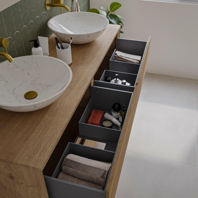 Saniclass Holz Atelier Meuble de salle de bain - 140x45x60cm - lavabo en céramique blanc - 2 vasques - sans trous de robinet - 4 tiroirs - Chêne Natural