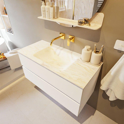 Mondiaz VICA-DLUX ensemble de meuble de salle de bain - 100cm - meuble sous lavabo talc - 2 tiroirs - lavabo encastré cloud milieu - sans trous de robinet - miroir modèle spot - version XL 60cm haut - ostra