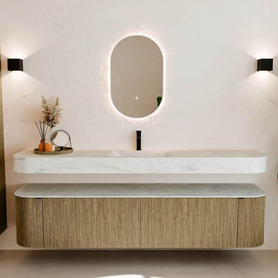 MONDIAZ THOR-DLUX 200cm meuble de salle de bains arrondi gauche + droite couleur Dusk avec 2 tiroirs et 2 portes. Vasque suspendue CLOUD Milieu 1 trou de robinet couleur Opalo.