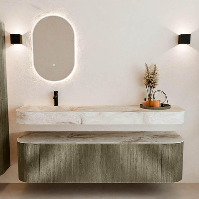 MONDIAZ THOR-DLUX 170cm meuble de salle de bains arrondi gauche + droite couleur Shadow avec 1 tiroir et 2 portes. Vasque suspendue CLOUD Gauche 1 trou de robinet couleur Frappe.