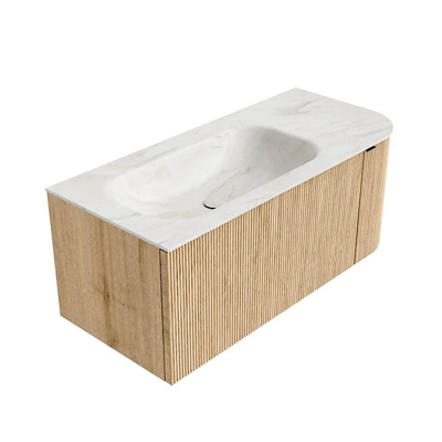 MONDIAZ KURVE-DLUX Meuble de salle de bains 105 cm avec module 25 R couleur Oak avec 1 tiroir et 1 porte. Lavabo BIG SMALL gauche 1 trou de robinet couleur Ostra.
