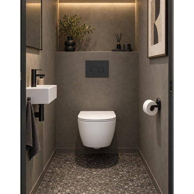 QeramiQ Dely Swirl Compact Toiletset - inbouwreservoir QeramiQ flush - slim zitting - kunststof bedieningsplaat mat antraciet - rechthoekige knoppen - glans wit