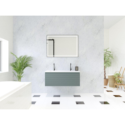 HR Matrix ensemble meuble de salle de bain 3d 100cm 1 tiroir sans poignée avec bandeau de poignée couleur pétrole mat avec lavabo fin 2 trous de robinetterie blanc