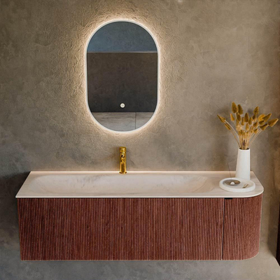 MONDIAZ KURVE-DLUX Meuble de salle de bains 145cm arrondi à droite couleur Ruby avec 1 tiroir et 1 porte. Lavabo BIG LARGE à gauche 1 trou de robinet Meli.