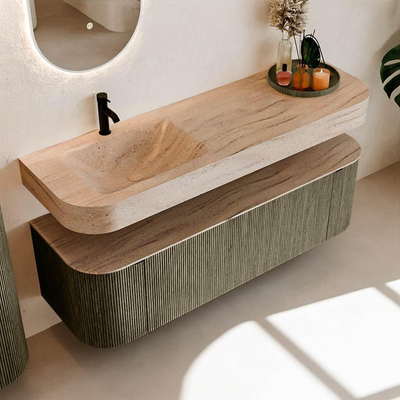 MONDIAZ THOR-DLUX 150cm meuble de salle de bains arrondi gauche + droite couleur Shadow avec 1 tiroir et 2 portes. Vasque suspendue CLOUD gauche 1 trou de robinet couleur Saba.