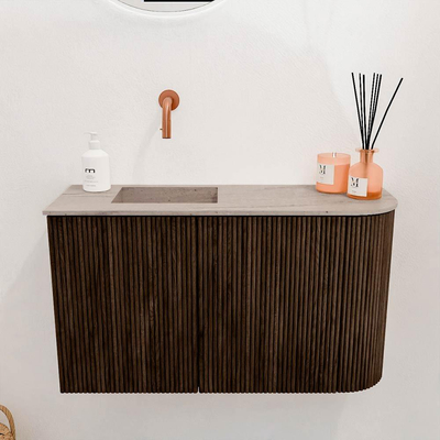 Mondiaz JOYA-DLUX 71.6cm toiletmeubel - ronding rechts kleur Walnut - Wastafel FAYE positie Links Zonder kraangat kleur Saba.