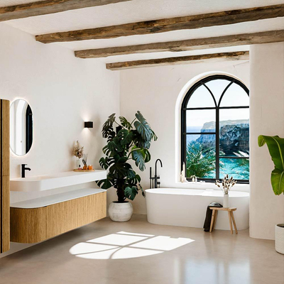 MONDIAZ THOR 190cm meuble de salle de bains arrondi gauche + droite couleur Oak avec 2 tiroirs et 2 portes. Vasque suspendue CLOUD gauche 1 trou de robinet couleur Talc.