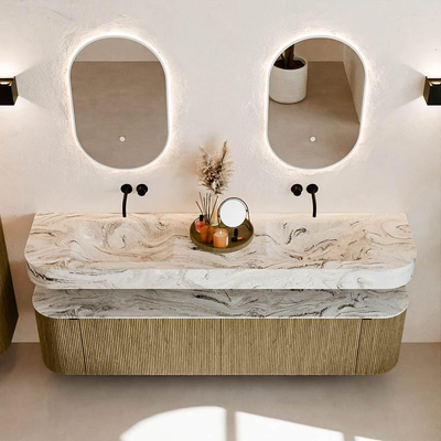 MONDIAZ THOR-DLUX 190cm badmeubel ronding links + rechts kleur Dusk met 2 lades en 2 deuren. Vrijhangende wastafel CLOUD Dubbel zonder kraangat kleur Glace.