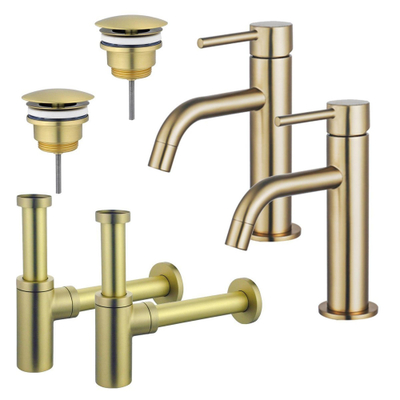 Fortifura Calvi Kit robinet lavabo - pour double vasque - robinet bas - bonde non-obturable - siphon design - Laiton brossé PVD