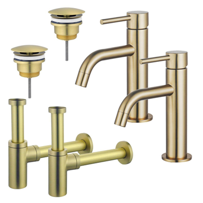 FugaFlow Eccelente Sobrado Slim Kit robinet lavabo - pour double vasque - robinet bas - bonde non-obturable - siphon design - Laiton brossé PVD