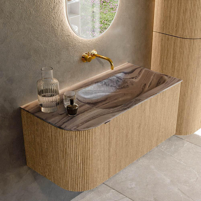 MONDIAZ KURVE-DLUX Meuble de salle de bains 95cm arrondi à gauche couleur Oak avec 1 tiroir et 1 porte. Lavabo BIG SMALL à droite sans trou de robinet Sombra.