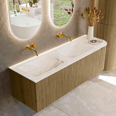 Mondiaz KURVE-DLUX Badkamermeubelset - 145x46x40cm - 1 lade - 1 deur - wastafel solid surface - dubbel / links - zonder kraangat - Dusk