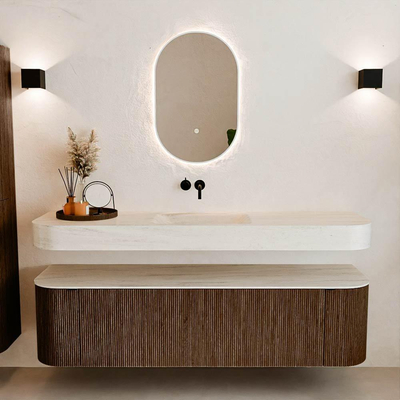 MONDIAZ THOR-DLUX 170cm meuble de salle de bains arrondi gauche + droite couleur Walnut avec 1 tiroir et 2 portes. Vasque suspendue CLOUD Milieu sans trou de robinet couleur Meli.