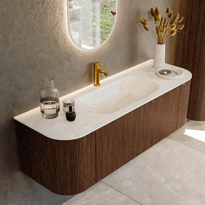 MONDIAZ KURVE-DLUX 140cm badmeubel met module 25 Len R kleur Walnut met 1 lade en 2 deuren. Wastafel BIG SMALL midden 1 kraangat kleur Ostra.