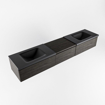 MONDIAZ BUKLA 220cm badmeubel met module 60 kleur Dark Brown met 3 lades. Wastafel CLOUD dubbel 0 kraangaten kleur Urban.