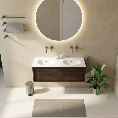 Saniclass Holz Frame Ensemble meuble de salle de bains - 120x45x54cm - lavabo Chaci en céramique blanc - 2 vasques - sans trous de robinetterie - 1 tiroir - chêne charcoal mat (bois)