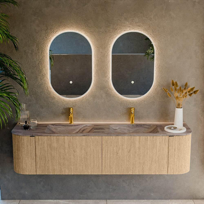 MONDIAZ KURVE-DLUX Meuble de salle de bains 180cm arrondi gauche + droite couleur Chêne avec 2 tiroirs et 2 portes. Lavabo LEAF Double 2 trous de robinet Sombra.