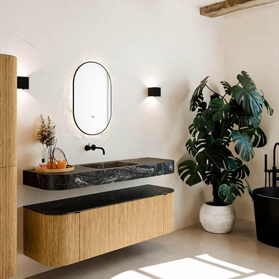 MONDIAZ THOR-DLUX 150cm meuble de salle de bains arrondi gauche + droite couleur Oak avec 1 tiroir et 2 portes. Vasque suspendue CLOUD Milieu sans trou de robinet couleur Lava.