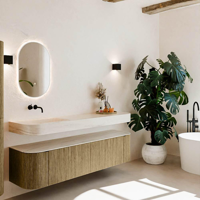 MONDIAZ THOR-DLUX 180cm meuble de salle de bains arrondi gauche + droite couleur Dusk avec 2 tiroirs et 2 portes. Vasque suspendue CLOUD gauche sans trou de robinet couleur Meli.