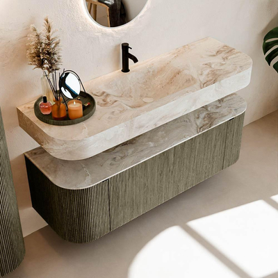 MONDIAZ THOR-DLUX 140cm meuble de salle de bains arrondi gauche + droite couleur Shadow avec 1 tiroir et 2 portes. Vasque suspendue CLOUD Milieu 1 trou de robinet couleur Frappe.