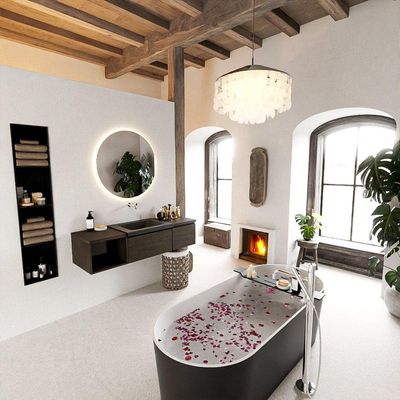 MONDIAZ BUKLA 140cm ensemble de meuble avec module ouvert 40 gauche couleur Marron Foncé avec 2 tiroirs. Lavabo CLOUD droit 0 trou de robinet couleur Urban.