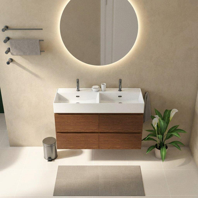 Saniclass Holz Pure Ensemble meuble de salle de bains - 120x45x72cm - lavabo Legend en céramique blanc - 2 vasques - 2 trous de robinet - 4 tiroirs - walnut pure mat (bois)