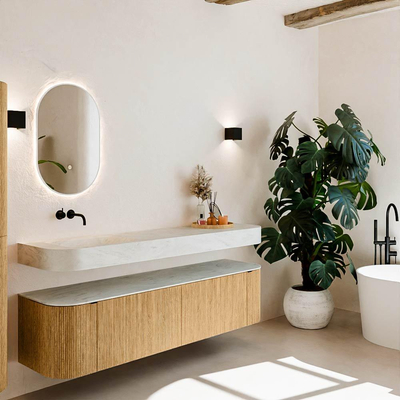 MONDIAZ THOR-DLUX 180cm meuble de salle de bains arrondi gauche + droite couleur Oak avec 2 tiroirs et 2 portes. Vasque suspendue CLOUD gauche sans trou de robinet couleur Opalo.