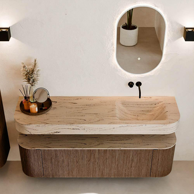 MONDIAZ THOR-DLUX 160cm badmeubel ronding links + rechts kleur Walnut met 1 lade en 2 deuren. Vrijhangende wastafel CLOUD Rechts zonder kraangat kleur Arena.